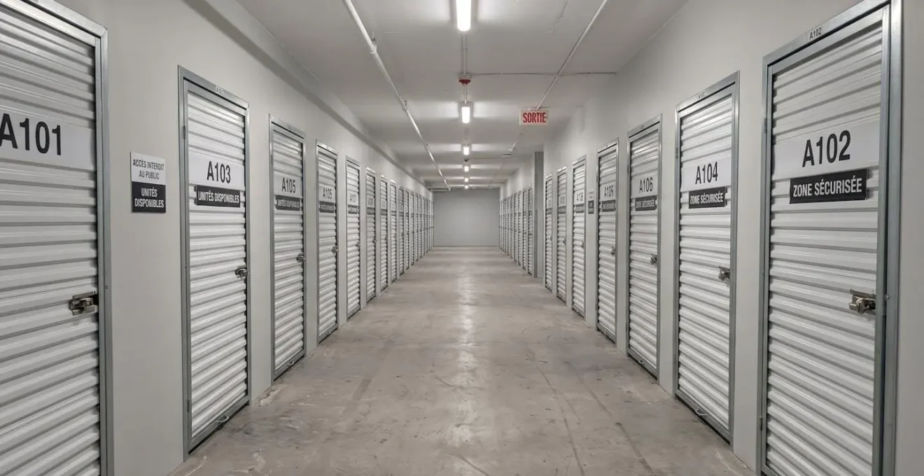 Couloir lumineux d'un centre de self-stockage moderne avec portes métalliques numérotées et éclairage LED