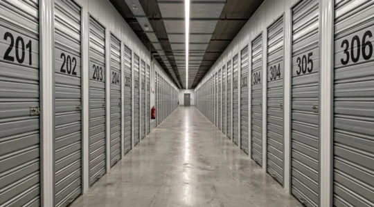 Couloir lumineux d'un centre de self-stockage moderne avec portes métalliques numérotées et éclairage LED