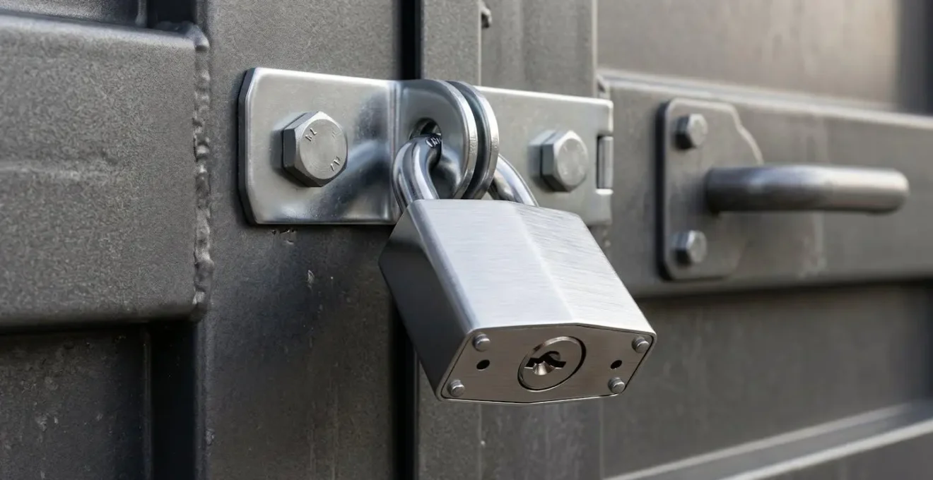 Gros plan sur un cadenas moderne verrouillant une porte de box en métal