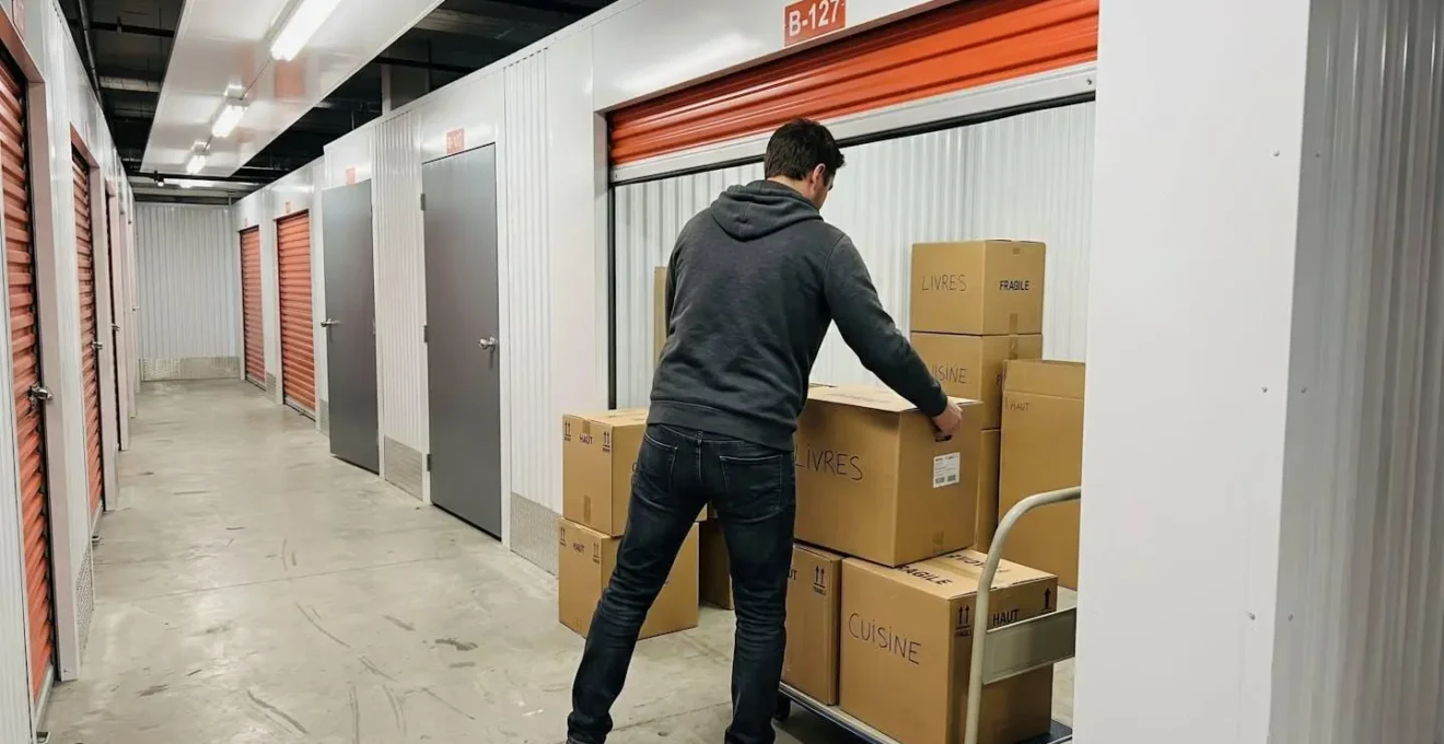 Personne vue de dos en vêtements décontractés chargeant des cartons dans un box de stockage
