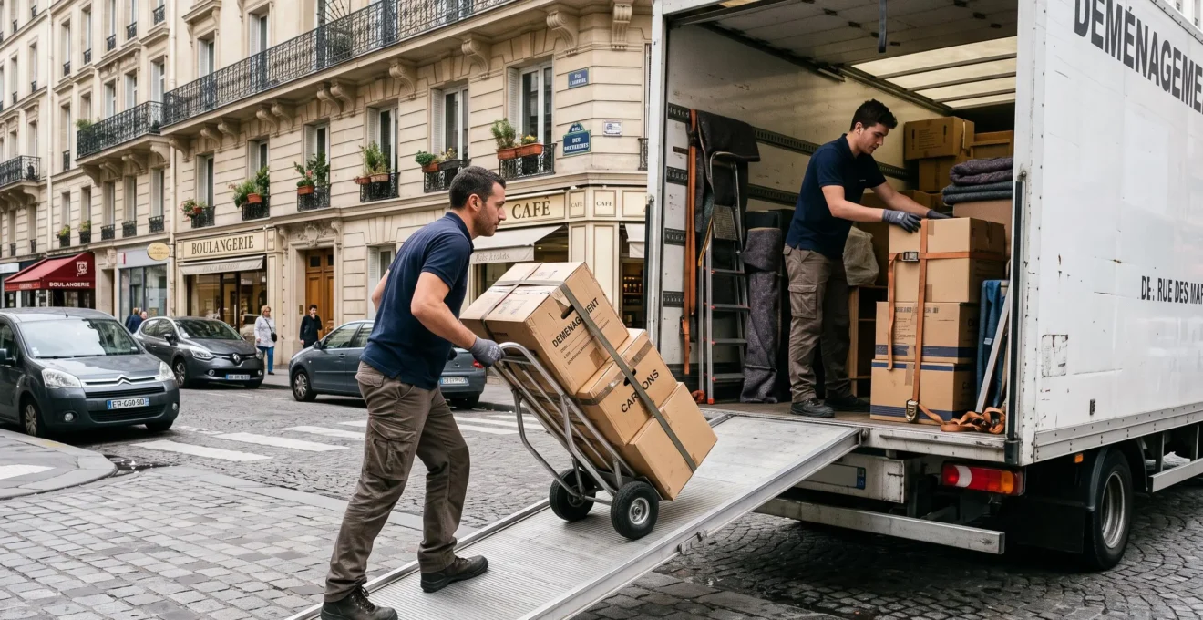 Déménageurs chargeant méthodiquement un camion de déménagement dans une rue avec équipement professionnel
