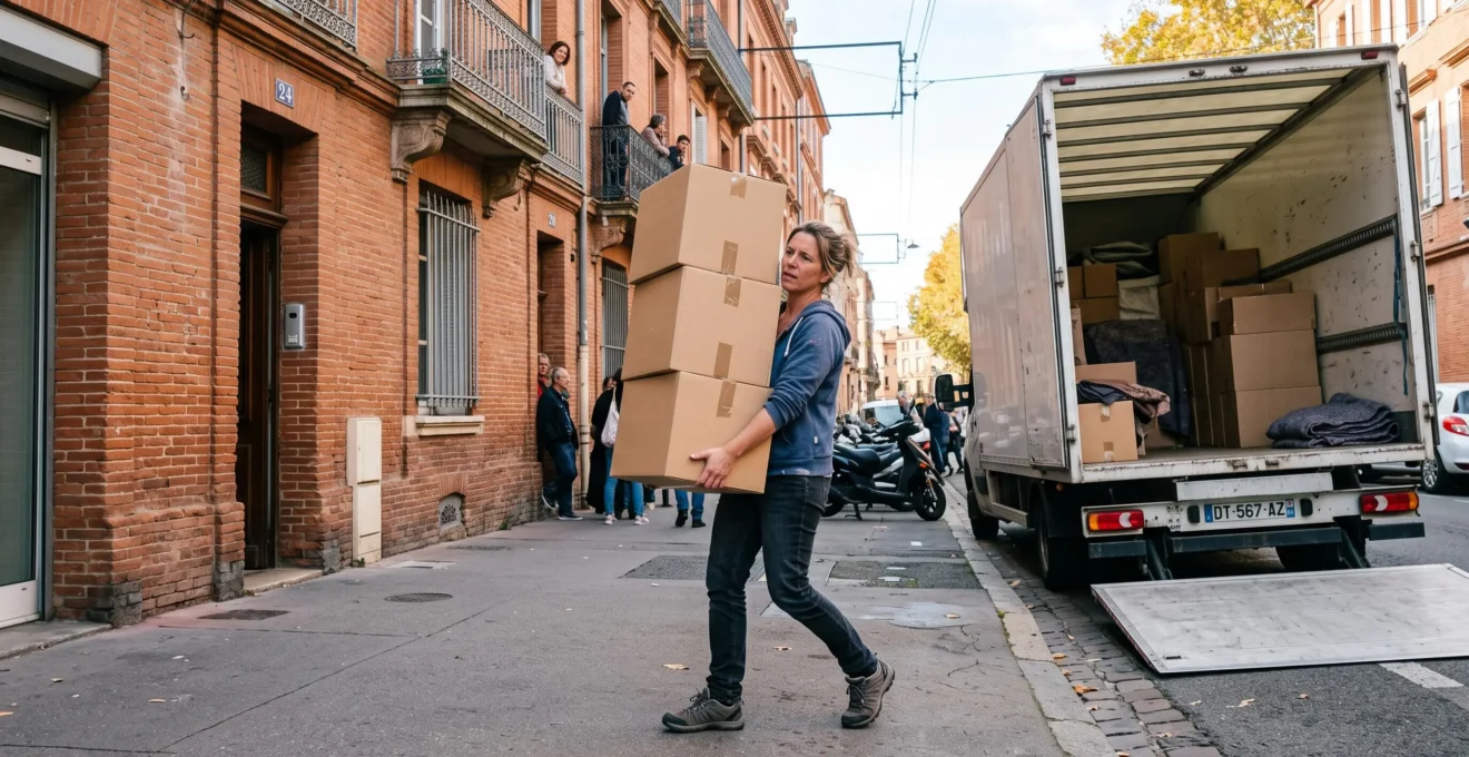 Personne portant des cartons de déménagement devant un immeuble toulousain avec un camion blanc en arrière-plan