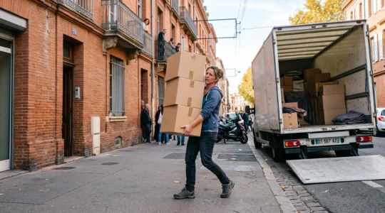 Personne portant des cartons de déménagement devant un immeuble toulousain avec un camion blanc en arrière-plan