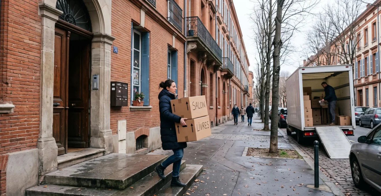 Déménagement dans une rue calme de Toulouse pendant la période hivernale