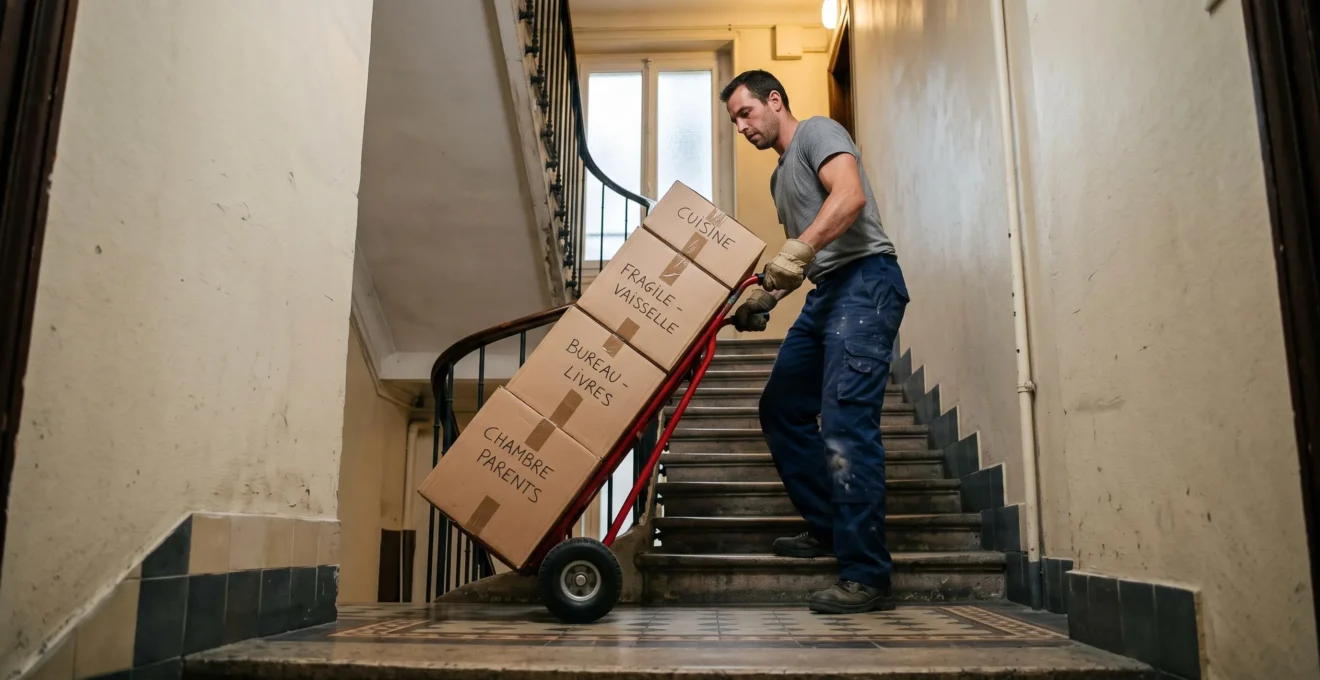Déménageur guidant un diable chargé de cartons dans la cage d'escalier d'un immeuble résidentiel français
