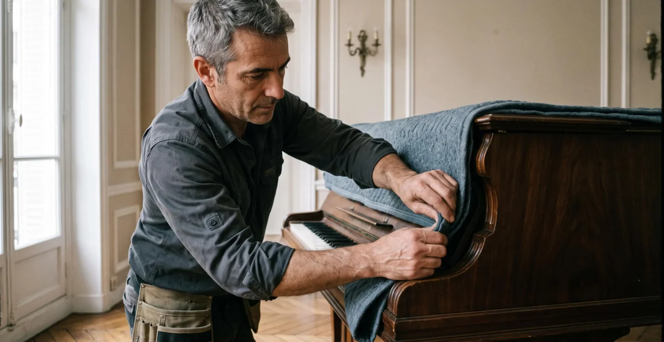Déménageur professionnel emballant soigneusement un piano avec des couvertures de protection dans un appartement