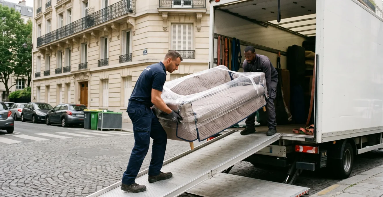 Deux déménageurs professionnels transportant un canapé emballé le long de la rampe d'un camion de déménagement stationné devant un immeuble résidentiel français
