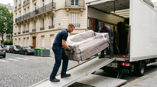 Deux déménageurs professionnels transportant un canapé emballé le long de la rampe d'un camion de déménagement stationné devant un immeuble résidentiel français
