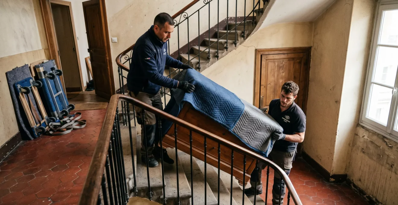 Deux déménageurs professionnels transportant un meuble volumineux dans l'escalier d'un immeuble résidentiel français