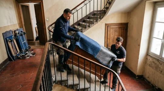 Deux déménageurs professionnels transportant un meuble volumineux dans l'escalier d'un immeuble résidentiel français