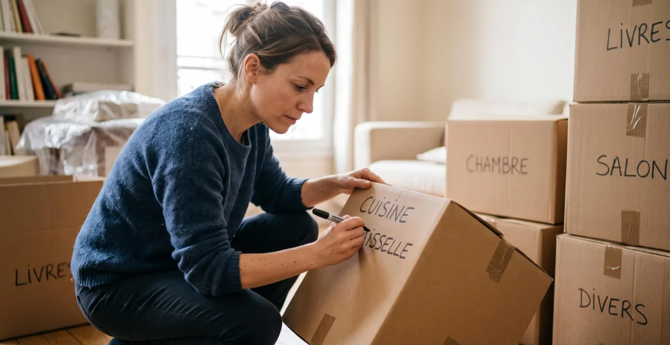 Femme accroupie écrivant des étiquettes d'identification sur des cartons de déménagement dans un intérieur résidentiel