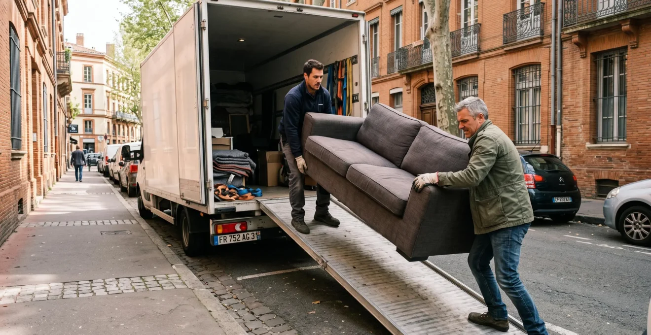 Un déménageur professionnel et un particulier chargeant ensemble un canapé dans un camion