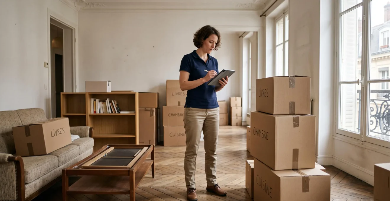 Professionnel du déménagement évaluant le volume d'un appartement à déménager avec une tablette numérique