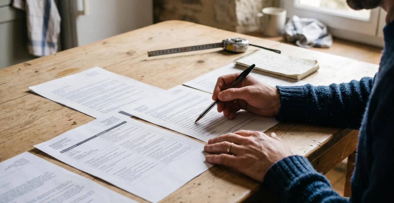 Une personne compare plusieurs devis de déménagement imprimés posés sur une table, un stylo pointé sur une ligne du document.
