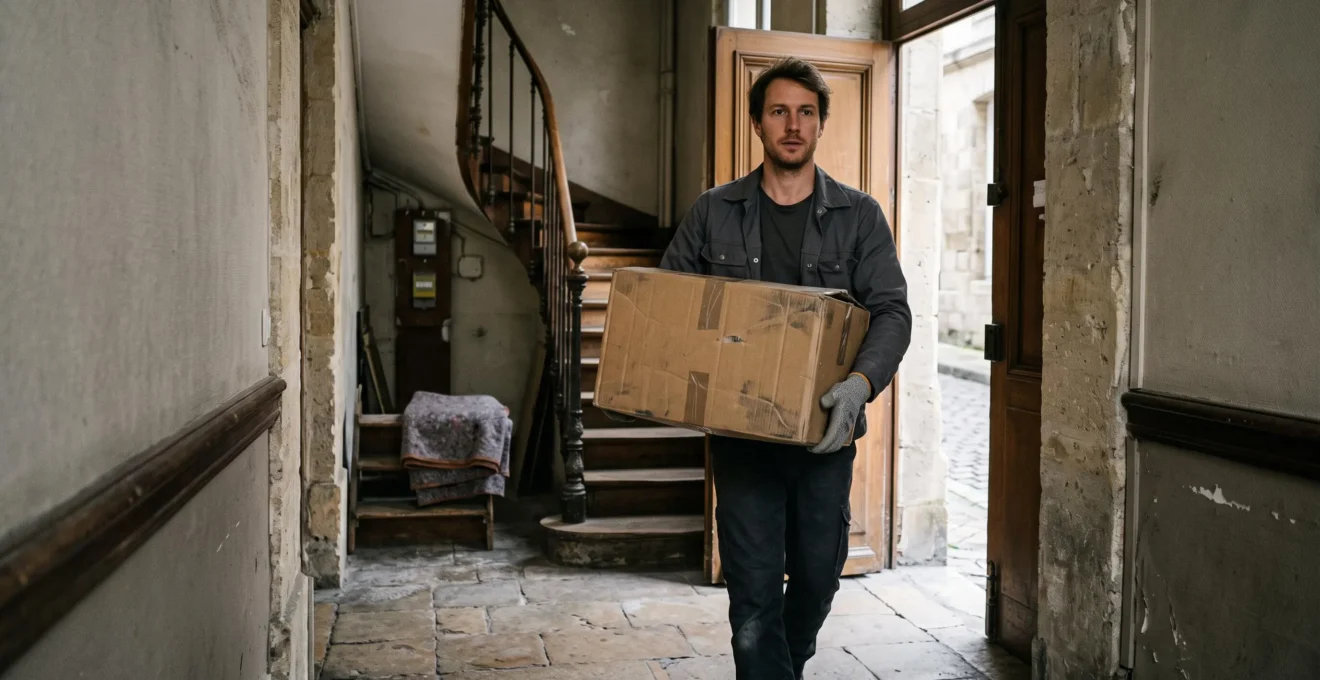Un déménageur transportant un carton dans le hall étroit d'un immeuble ancien bordelais.